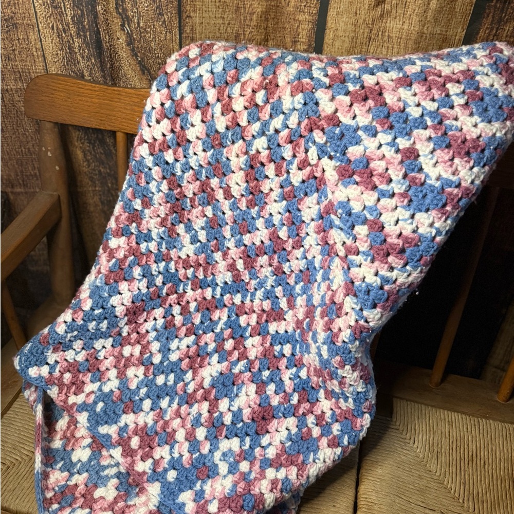 Handmade Crochet Blanket in Blue and Pink